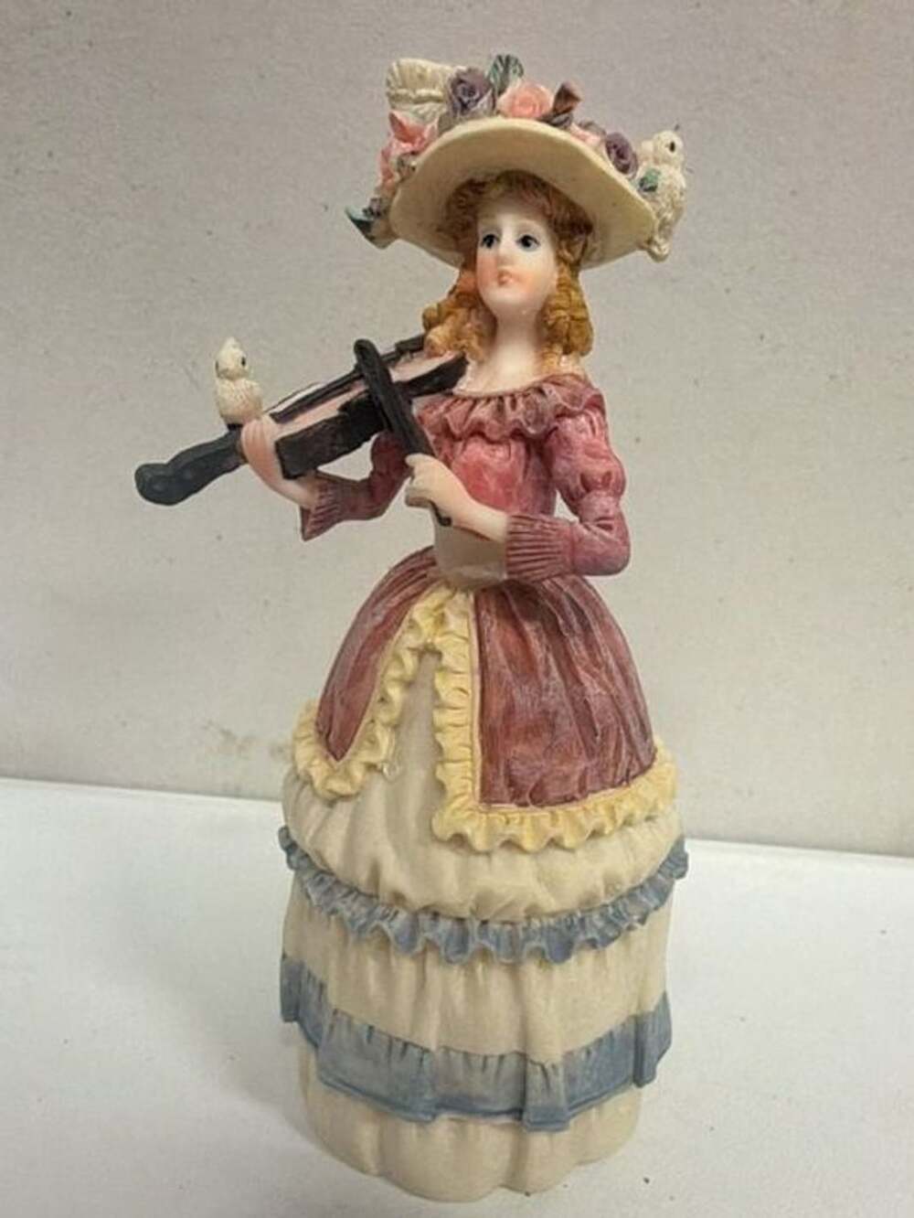 Vintage Hand Painted Victorian Young Lady Resin Figurine Playing Violin